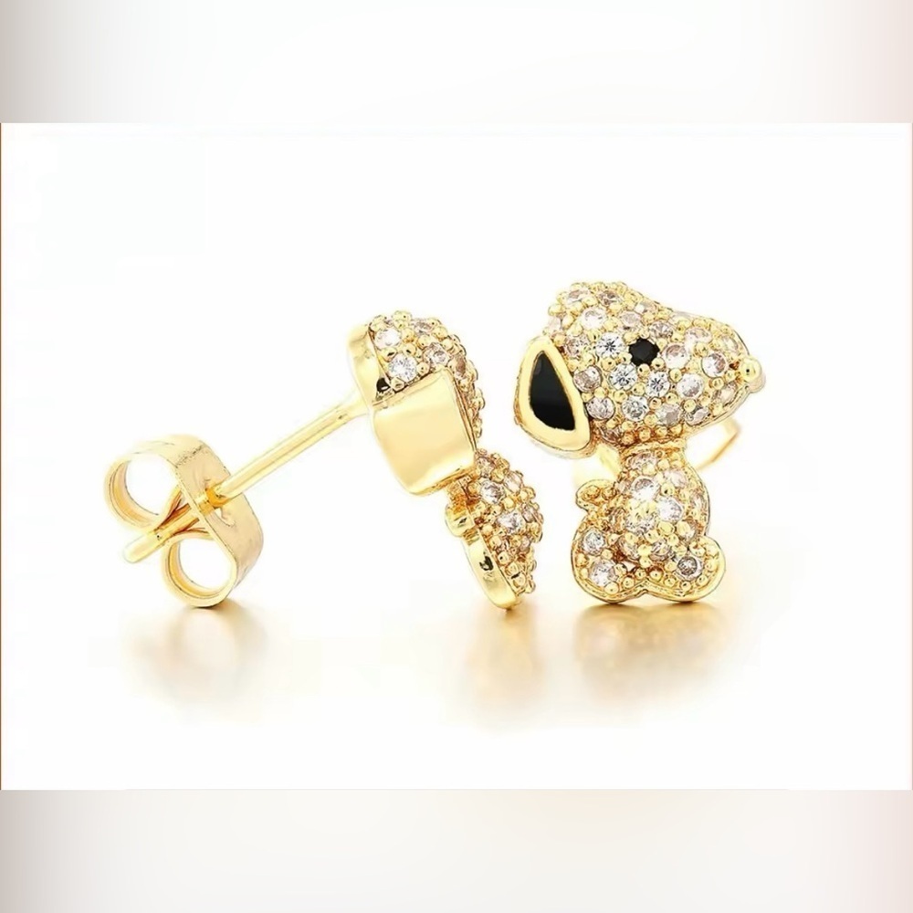 18K Gold Plated Snoopy Peanuts Theme Pave Diamond Inlay Character Earrings